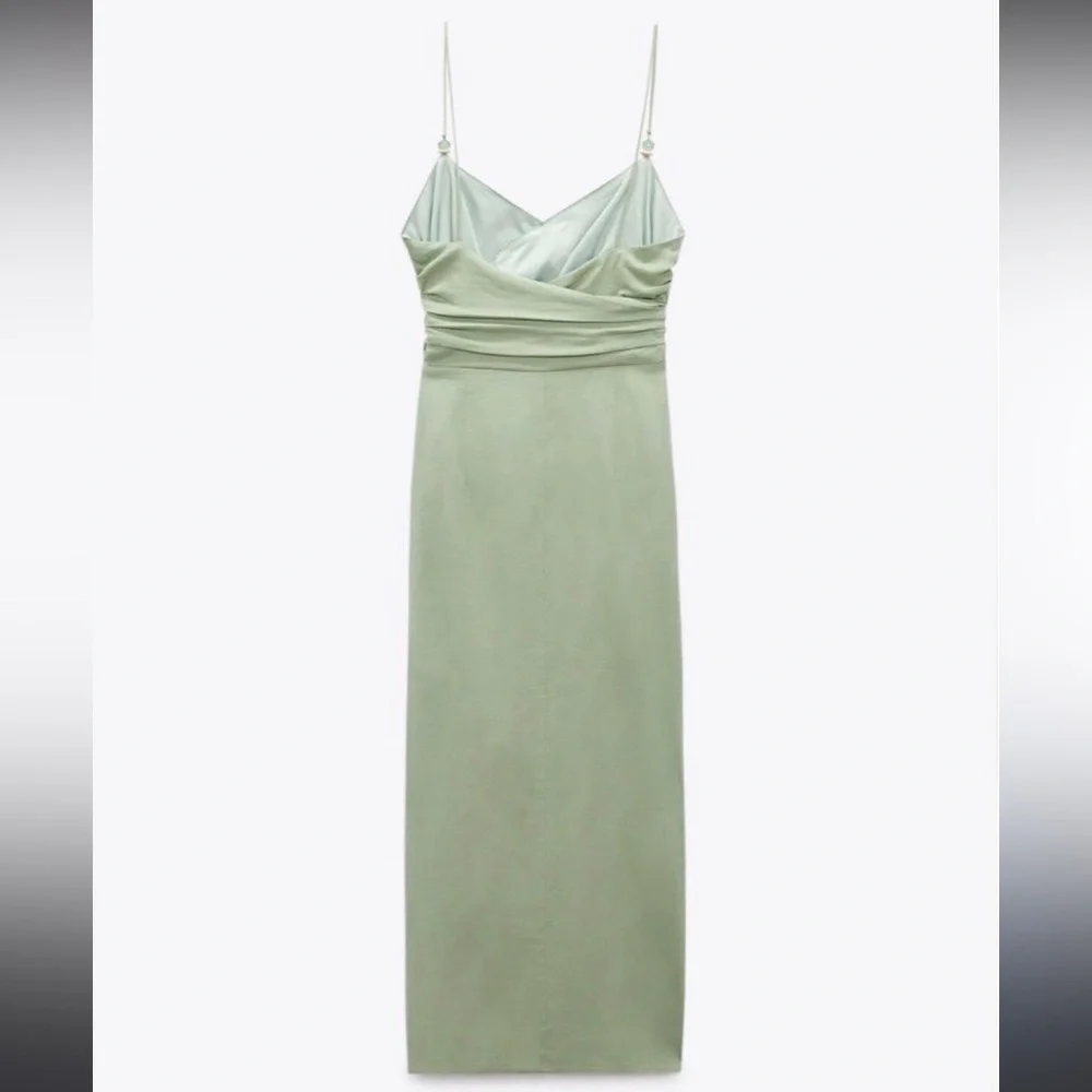 Zara Ruched Linen Blend Midi Dress Sea Green Size XS - Picture 3 of 11